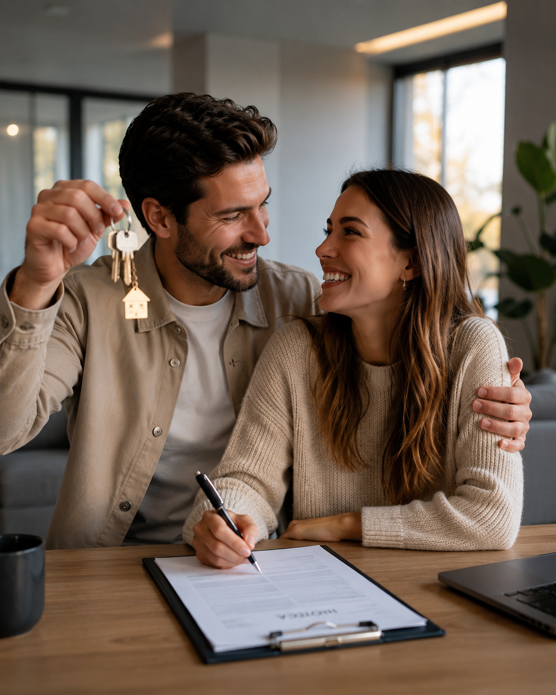 Pareja joven con las llaves de su primera vivienda tras firmar su hipoteca joven con DRACKMA